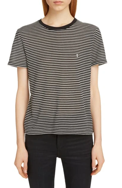 Shop Saint Laurent Mini Logo Stripe Tee In Noir/naturel