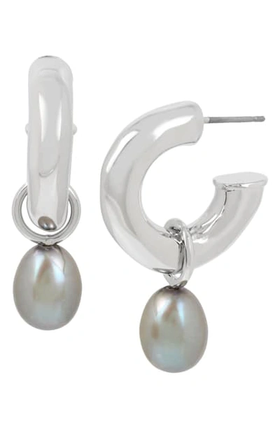 Shop Allsaints Pearl Hoop Earrings In Silver/ Grey Pearl