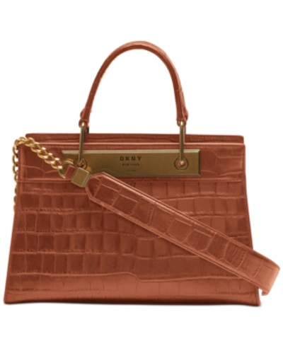 Shop Dkny Cooper Leather Croc-embossed Satchel, Created For Macy's In Caramel/gold