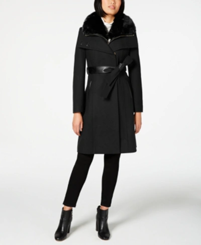Shop French Connection Faux-fur-collar Belted Coat With Faux-leather Trim In Black