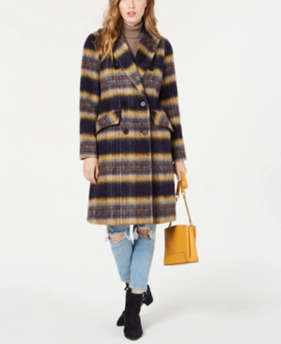 Shop Bcbgeneration Double-breasted Plaid Coat, Created For Macy's In Purple Plaid