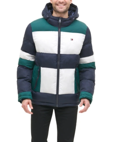 Shop Tommy Hilfiger Men's Colorblocked Hooded Puffer Coat, Created For Macy's In Green Combo