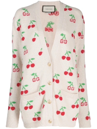 Shop Gucci Cherry Jacquard Cardigan In Neutrals