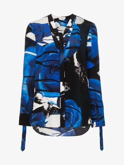 Shop Alexander Mcqueen Abstract Rose Print Silk Blouse In Blue