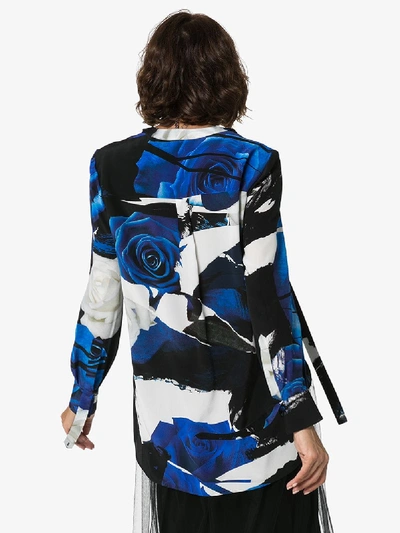 Shop Alexander Mcqueen Abstract Rose Print Silk Blouse In Blue
