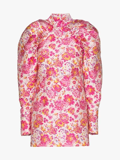 Shop Rotate Birger Christensen Rotate Rose Print Puff Sleeve Mini Dress In Pink