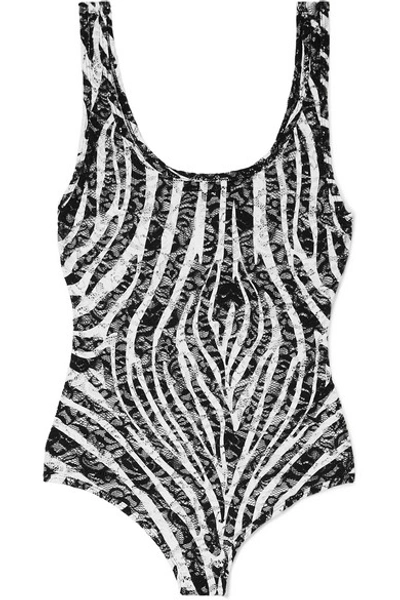 Shop Versace Zebra-print Stretch-lace Thong Bodysuit In Black