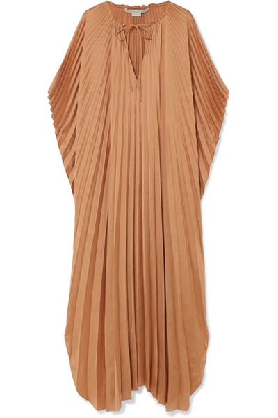 Shop Stella Mccartney Tie-detailed Plissé-satin Maxi Dress In Sand