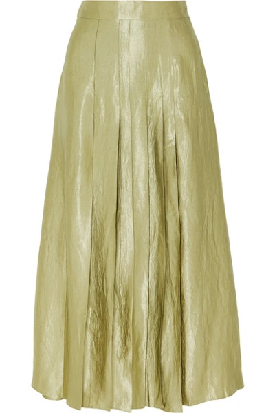 Shop Anna Quan Sable Pleated Crinkled-satin Midi Skirt In Gray Green