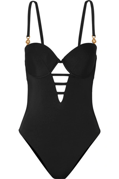 Shop Versace Embellished Cutout Swimsuit In Black
