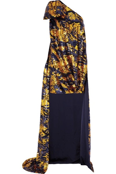 Shop Halpern One-shoulder Draped Sequined Tulle Mini Dress In Gold