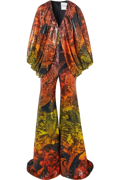 Shop Halpern Draped Animal-print Sequined Stretch-tulle Jumpsuit In Orange