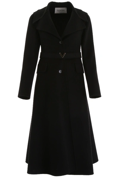 Shop Valentino Coat With V Gold Belt In Nero (black)