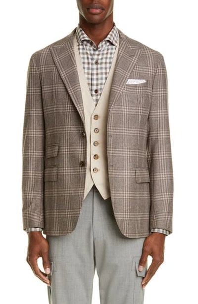 Shop Eleventy Trim Fit Plaid Wool Blend Sport Coat In Sand