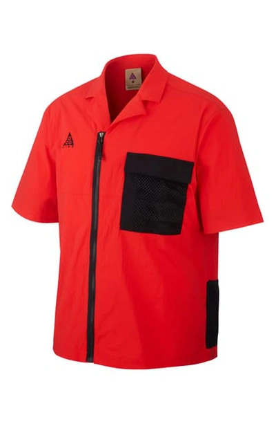 Shop Nike Acg Short Sleeve Zip-up Stretch Nylon Shirt In Habanero Red/ Black
