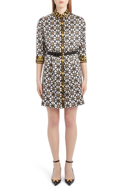 Shop Versace Harness Print Belted Silk Shirtdress In Black White