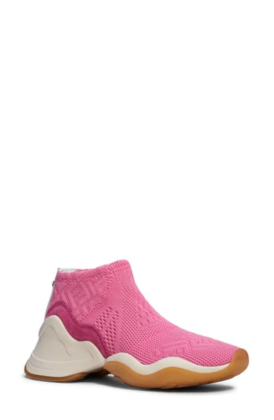 Shop Fendi Technice Knit Mid Top Sneaker In Pink/ White