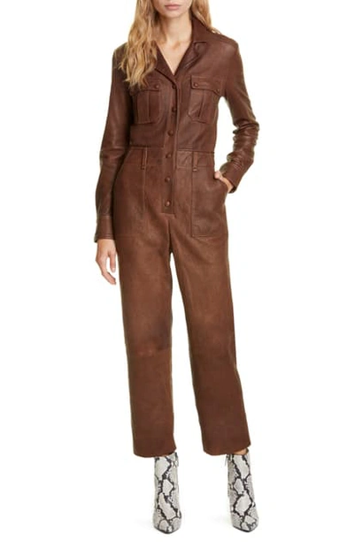Shop Veronica Beard Artemis Leather Utility Jumpsuit In Brown