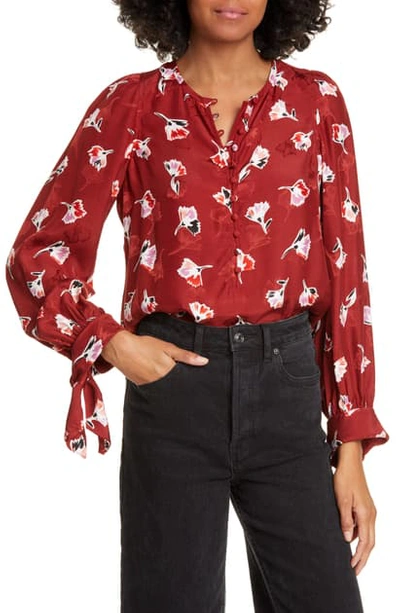 Shop Rebecca Taylor Paintbrush Floral Tie Sleeve Silk Blend Top In Cabernet Combo