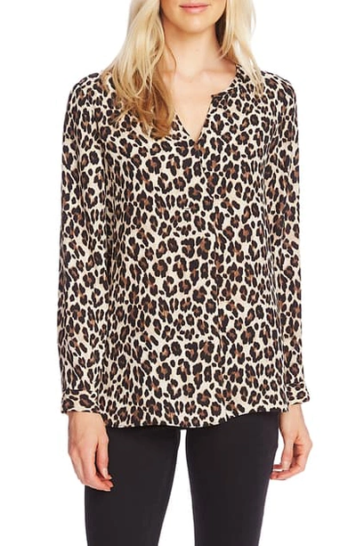 Shop Vince Camuto Split Neck Leopard Print Tunic Top In Rich Black