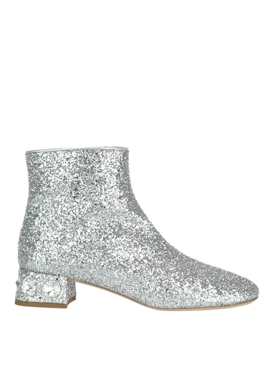 Shop Miu Miu Embellished Glittered Leather Ankle Boots In Silver