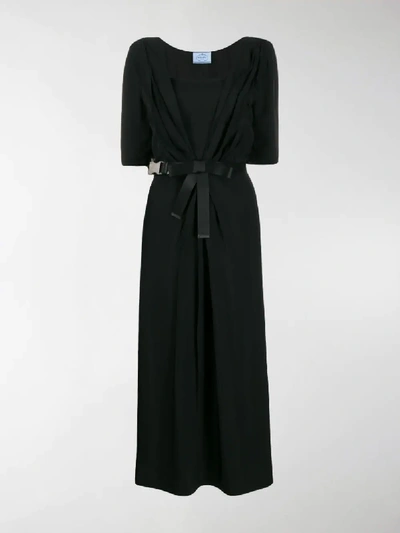 Shop Prada Belted Midi Dress In Black