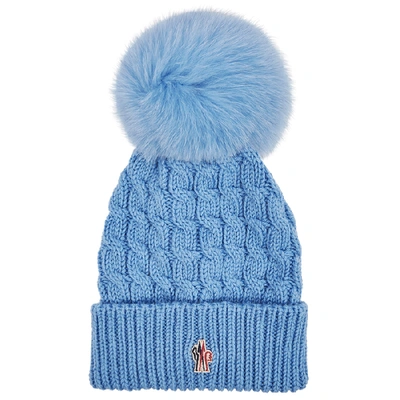 Shop Moncler Blue Fur Pompom Wool Beanie In Light Blue