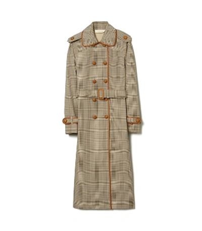 Shop Tory Burch Plaid Trench Coat In Plaid/beige