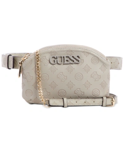 Shop Guess Janelle Convertible Crossbody Belt Bag In Grey/gold