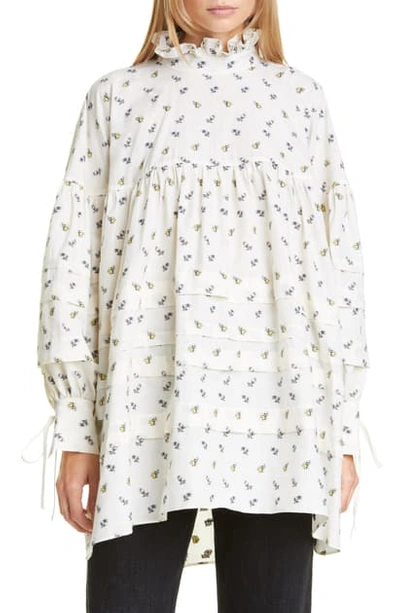 Shop Cecilie Bahnsen Alberte Pleated Floral Poplin Tunic Shirt In Ivory/ Light Pink