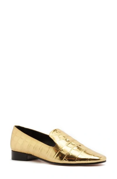 Shop Schutz Flor Croc Embossed Metallic Loafer In Oro Leather