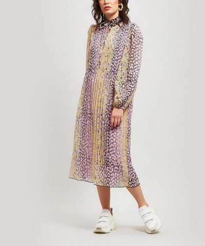 Shop Ganni Ruffle Neck Leopard Georgette Dress In Phantom