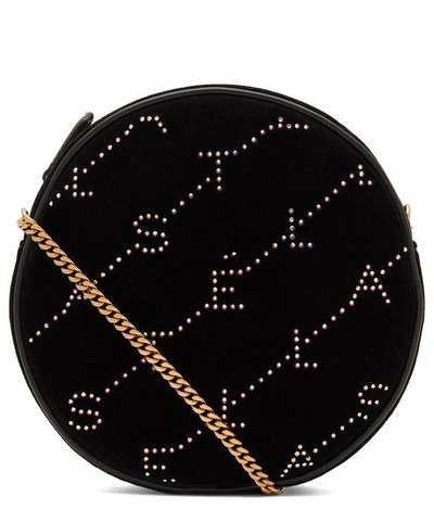 Shop Stella Mccartney Mini Round Monogram Velvet Bag In Black