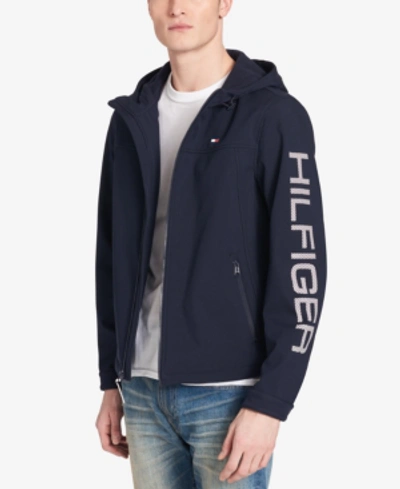 Shop Tommy Hilfiger Men's Logo Graphic Hooded Soft-shell Jacket, Created For Macy's In Gulf Blue