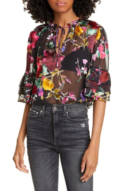 Shop Alice And Olivia Julius Floral Burnout Tier Sleeve Blouse In Painterly Floral Black