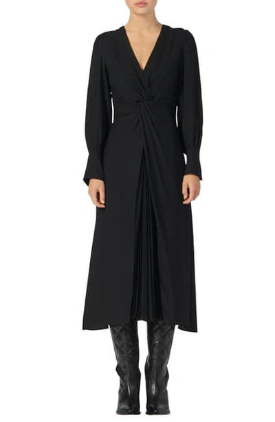 Shop Sandro Minella Pleat Detail Long Sleeve Dress In Black