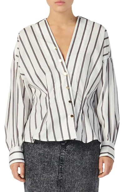 Shop Sandro Naelle Stripe Asymmetrical Snap Placket Cotton Shirt In White
