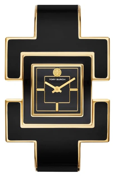 Shop Tory Burch T Bangle Bracelet Watch, 25mm X 25mm In Black/ Gold
