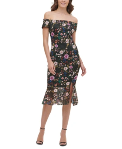 Shop Guess Off-the-shoulder Lace Midi Dress In Black Floral