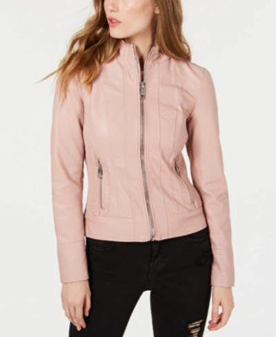 Guess Front Zip Faux-leather Jacket In Dusty Pink | ModeSens