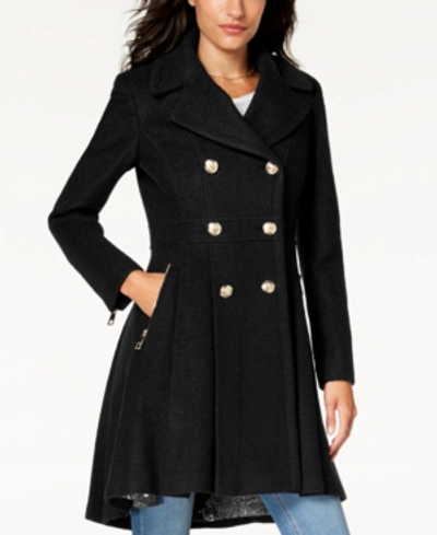 Shop Guess Double-breasted Skirted Coat In Black