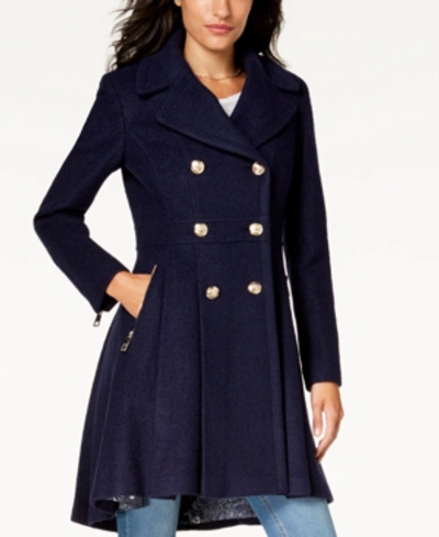 Shop Guess Double-breasted Skirted Coat In Navy