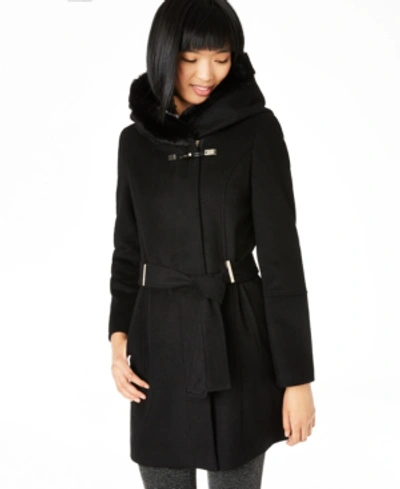 Shop Calvin Klein Belted Asymmetrical Coat With Faux-fur Hood In Black