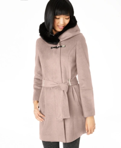 Shop Calvin Klein Belted Asymmetrical Coat With Faux-fur Hood In Thistle/black