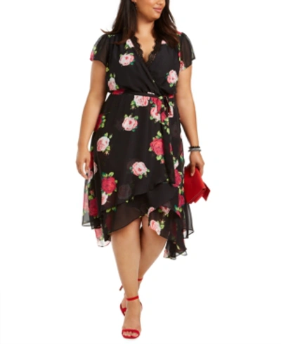 Shop Betsey Johnson Trendy Plus Size Lace-trim High-low Wrap Dress In Black Floral