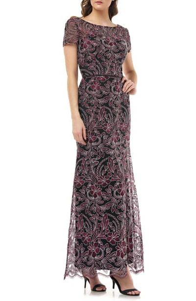 Shop Js Collections Embroidered Trumpet Gown In Cabernet Black
