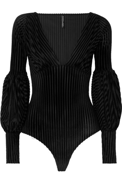 Shop Marika Vera Anna Striped Stretch Devoré-velvet Bodysuit In Black