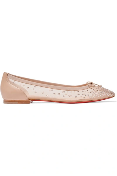 Shop Christian Louboutin Patio Crystal-embellished Mesh And Leather Ballet Flats In Neutral