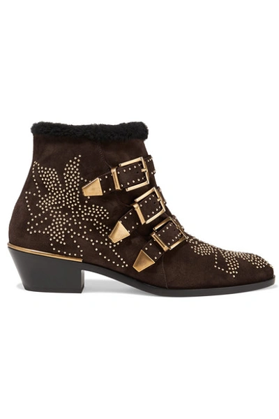 Shop Chloé Susanna Shearling-lined Studded Suede Ankle Boots In Brown