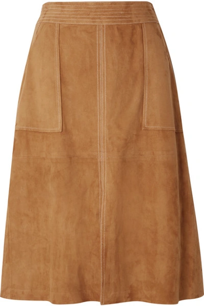 Shop Frame Paneled Suede Skirt In Camel